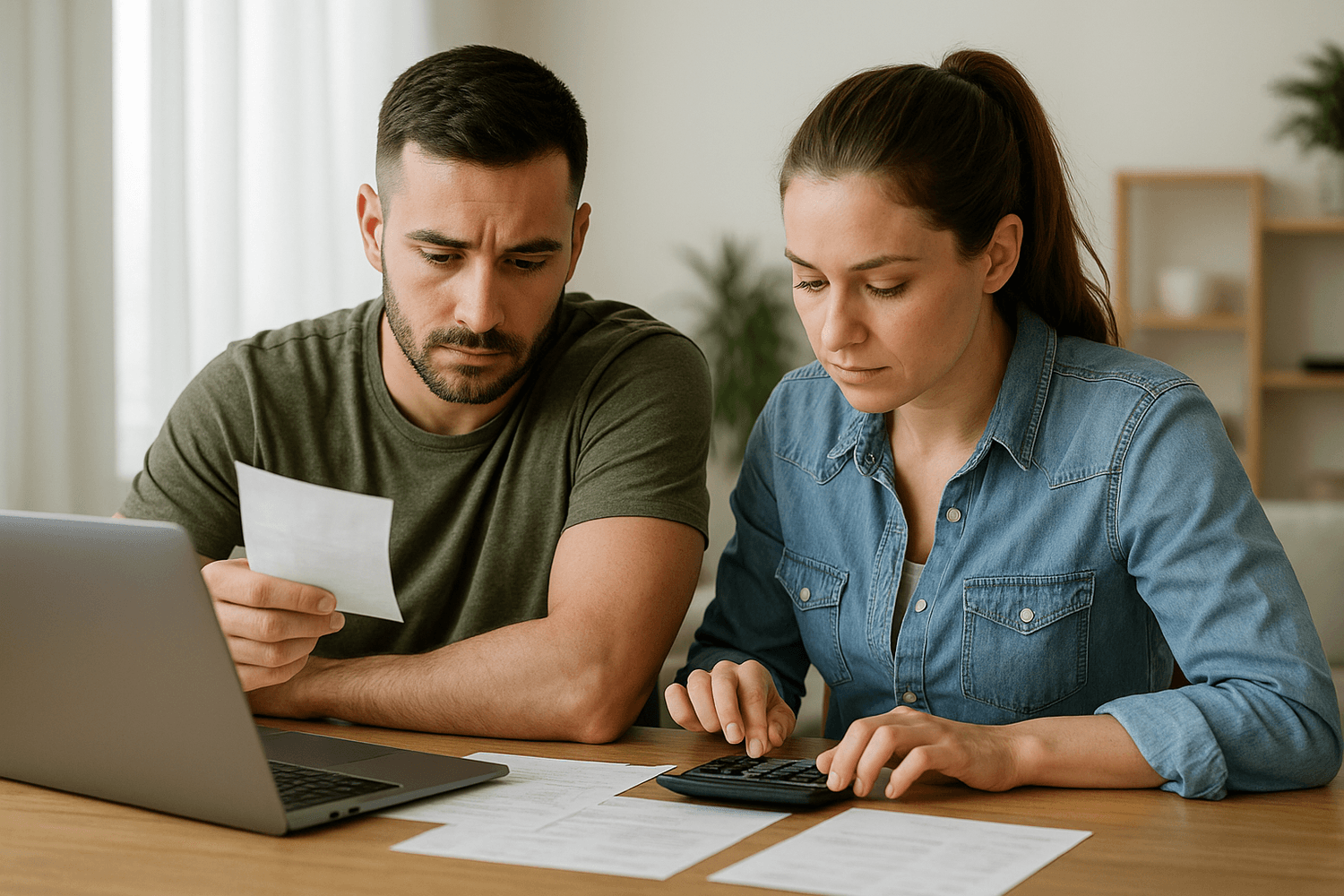 A serious couple sits at a wooden table reviewing household finances, with papers, a laptop, and a calculator in front of them. The man holds a receipt while the woman calculates expenses, representing budgeting, financial planning, or managing bills together.