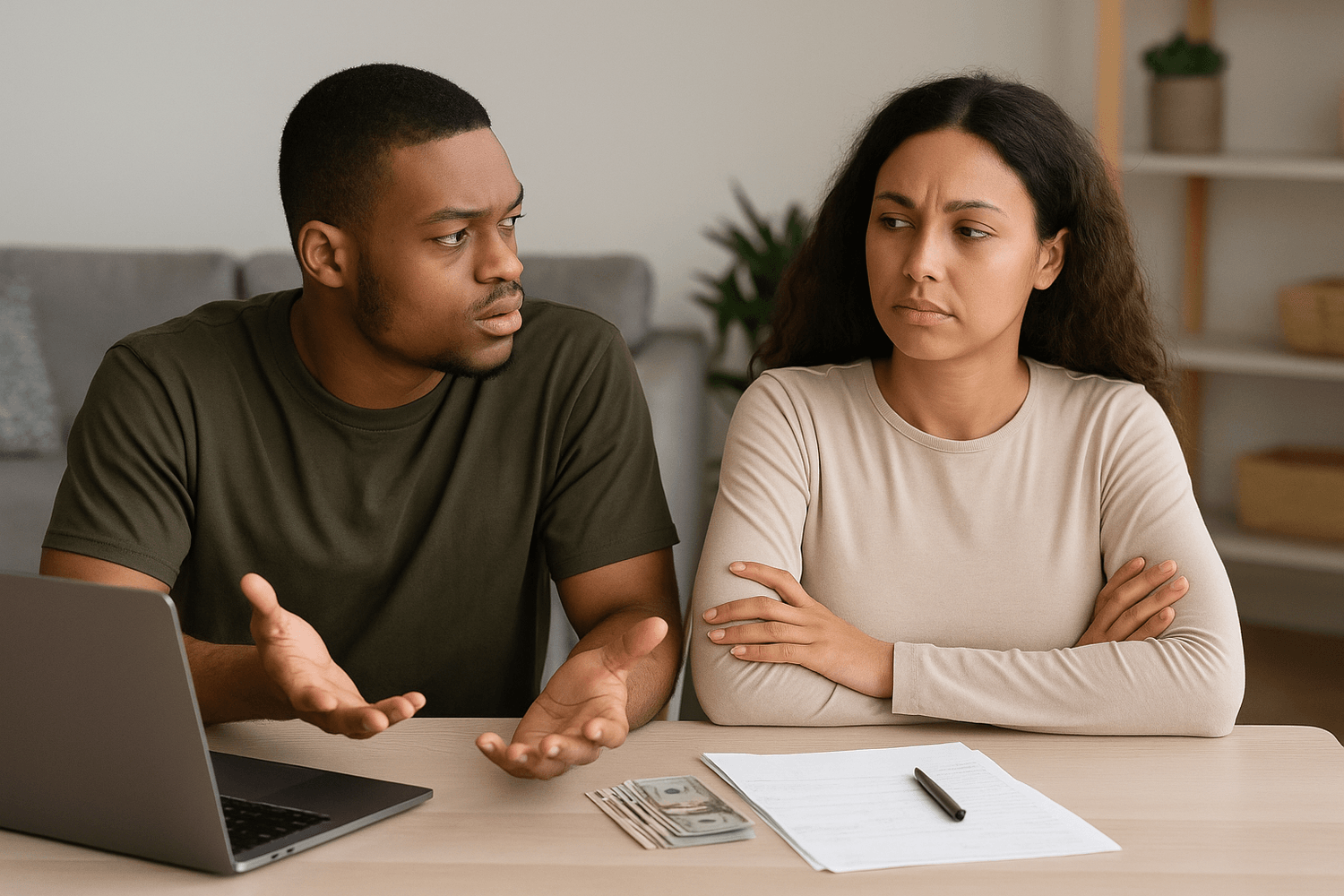 A couple sits at a table having a serious discussion about money. The man gestures in frustration while the woman crosses her arms, looking concerned. A laptop, paperwork, and cash are on the table, symbolizing financial disagreement or budgeting stress.
