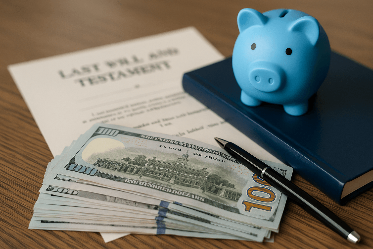 A stack of hundred-dollar bills, a blue piggy bank, and a pen rest on top of a will and testament document, symbolizing financial planning, savings, and estate management for the future.