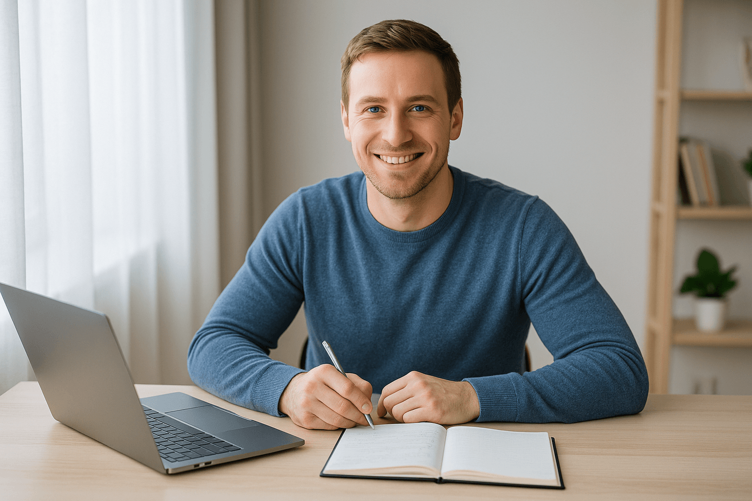 A smiling man sits at a desk with a laptop and notebook, writing notes while looking at the camera. The image represents productivity, online learning, or confident financial planning.
