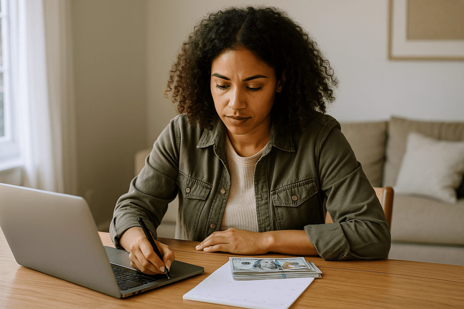 A woman sits at a desk working on a laptop, writing notes beside a stack of hundred-dollar bills. The image represents budgeting, managing personal finances, or tracking income and expenses.