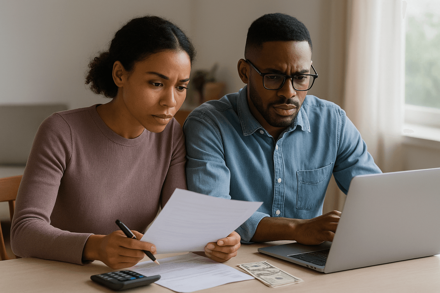 A couple sits together at a table reviewing financial documents while using a laptop and calculator. The image represents household budgeting, managing bills, or financial planning for families.