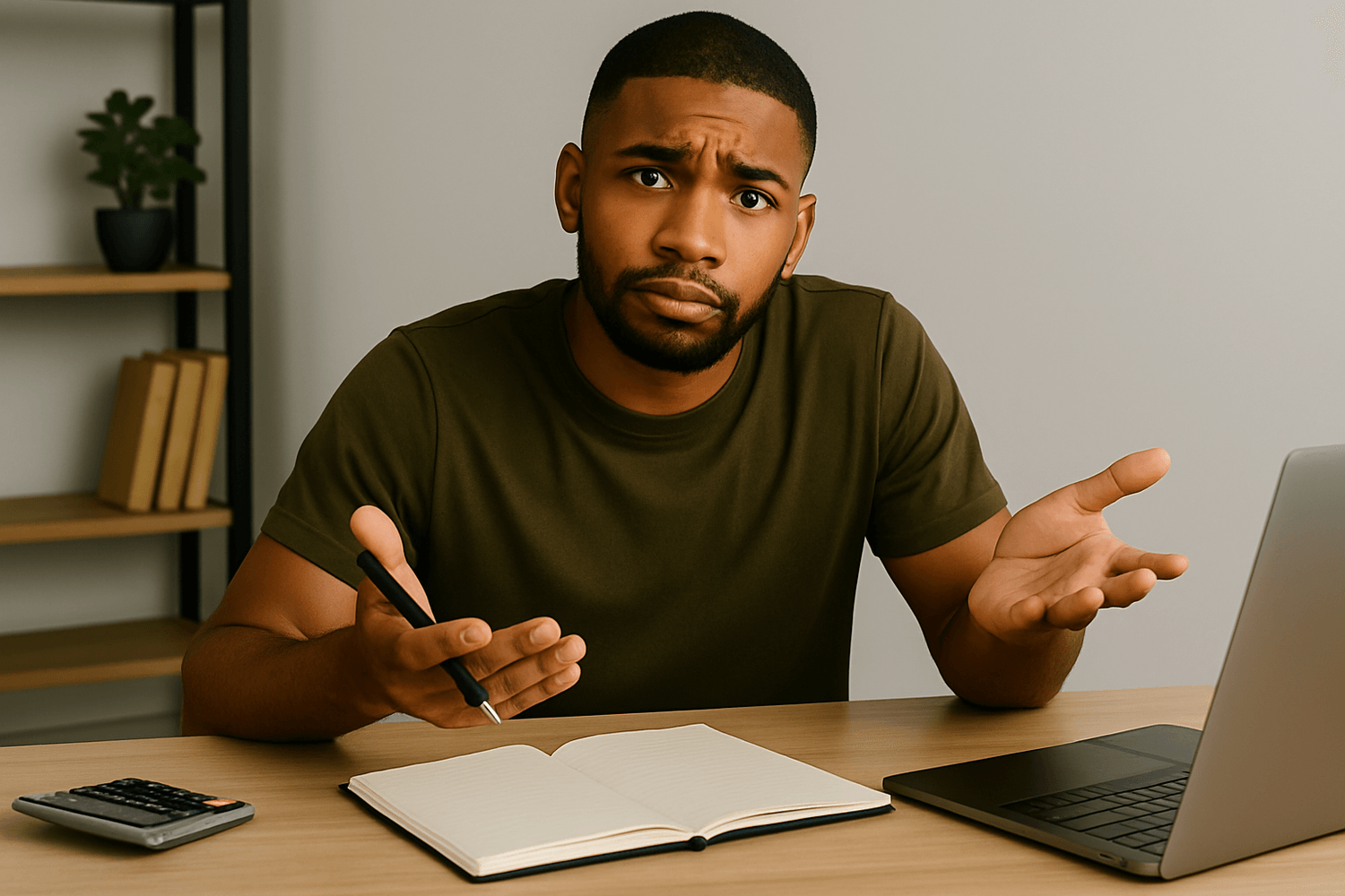 A man sits at a desk with a laptop, notebook, and calculator, shrugging in confusion while holding a pen. The image represents financial frustration, confusion about budgeting, or difficulty understanding money management.