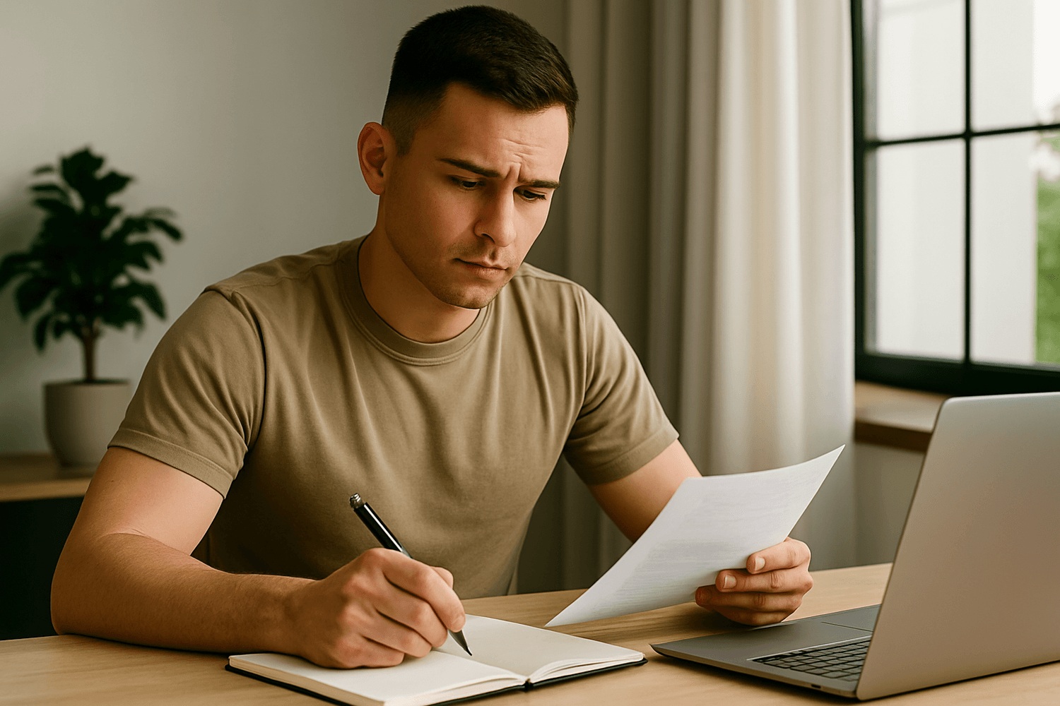 A man in a tan shirt sits at a desk with a laptop, holding a paper and writing notes in a notebook. The image represents focused financial review, budgeting, or expense tracking.