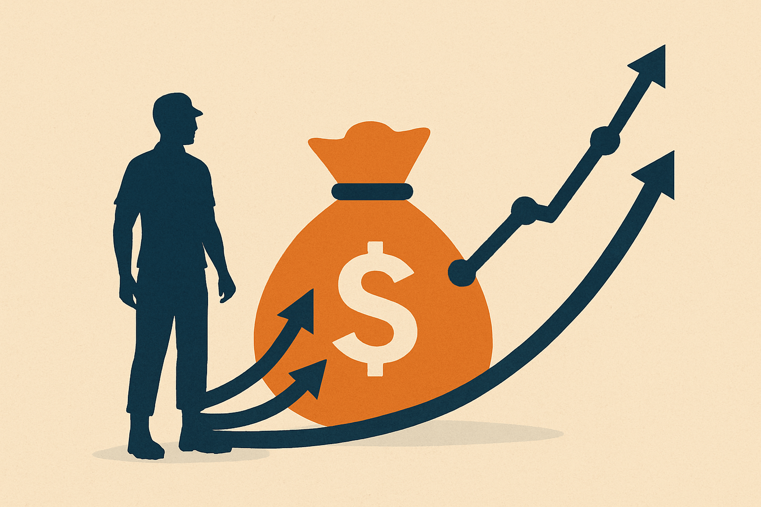 Illustration of a person standing beside a large orange money bag with upward-pointing arrows and a growth chart, symbolizing financial growth, savings, and increasing wealth.
