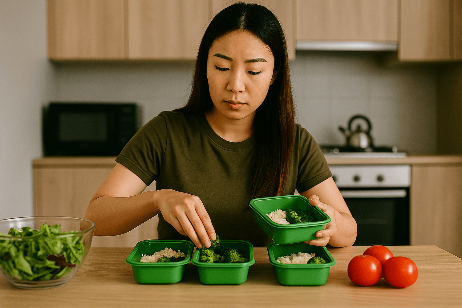 A woman in an olive-green shirt prepares meal containers with rice and broccoli in a kitchen. A bowl of salad and tomatoes sit on the table, symbolizing healthy eating, budgeting, or meal planning.