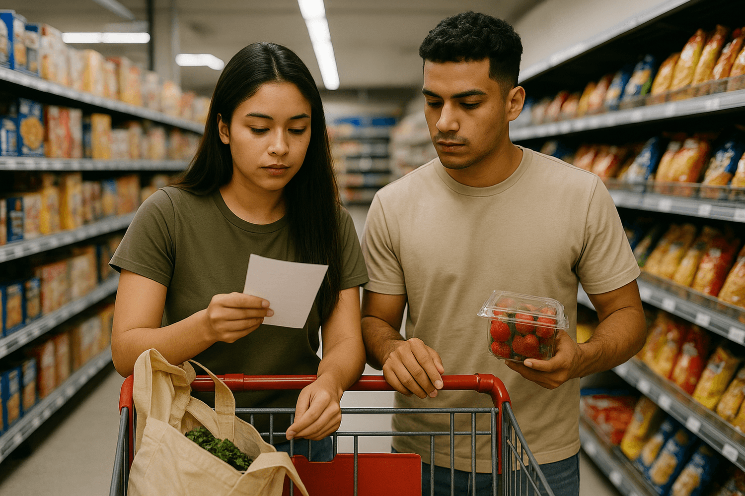 A couple shops for groceries in a supermarket aisle, checking a shopping list while pushing a cart filled with produce. The man holds a container of strawberries, representing mindful spending and meal planning.