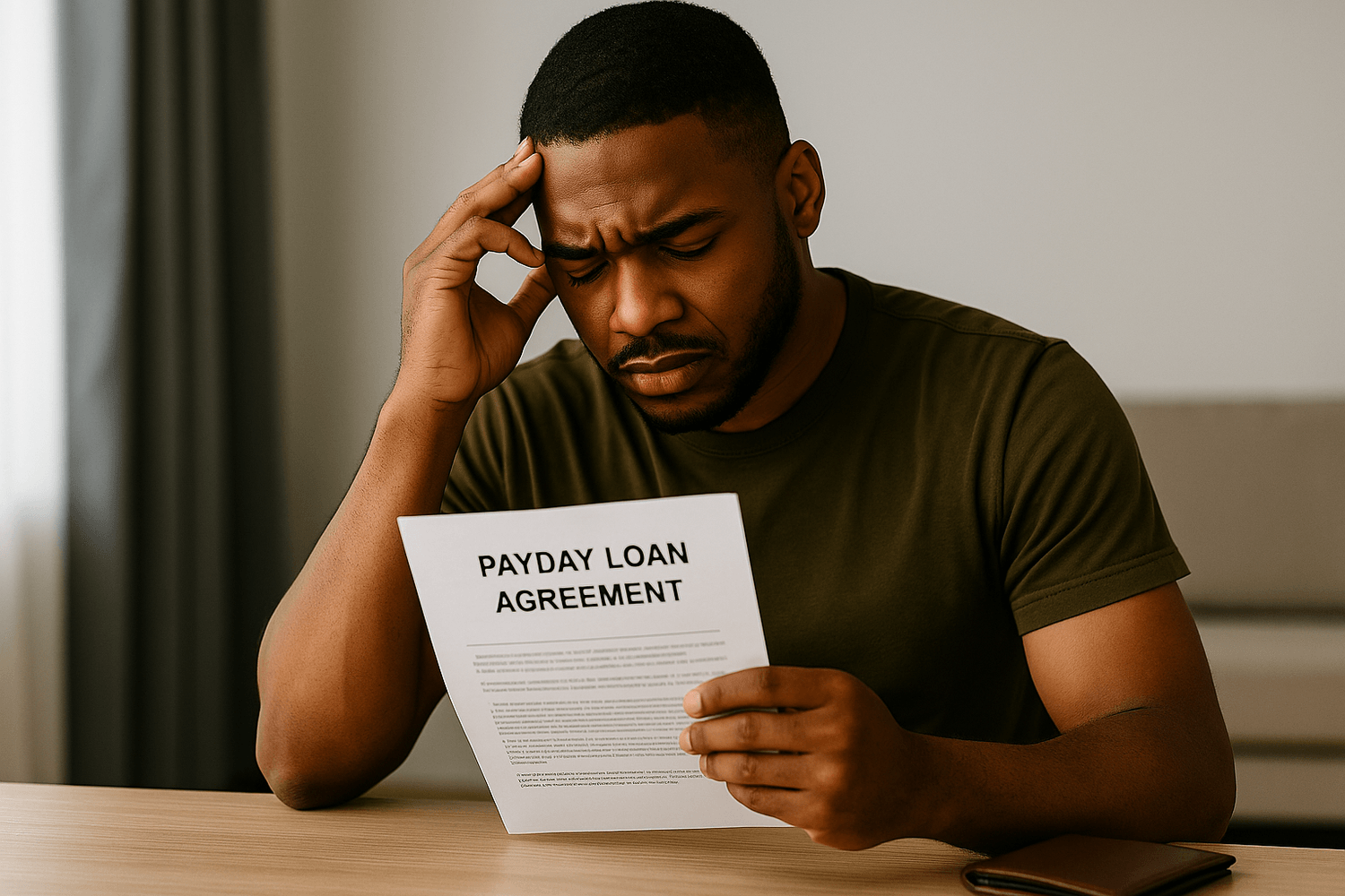 A man in an olive-green shirt looks worried while reading a payday loan agreement at a desk. The image represents financial stress, high-interest debt, and the risks of payday loans.