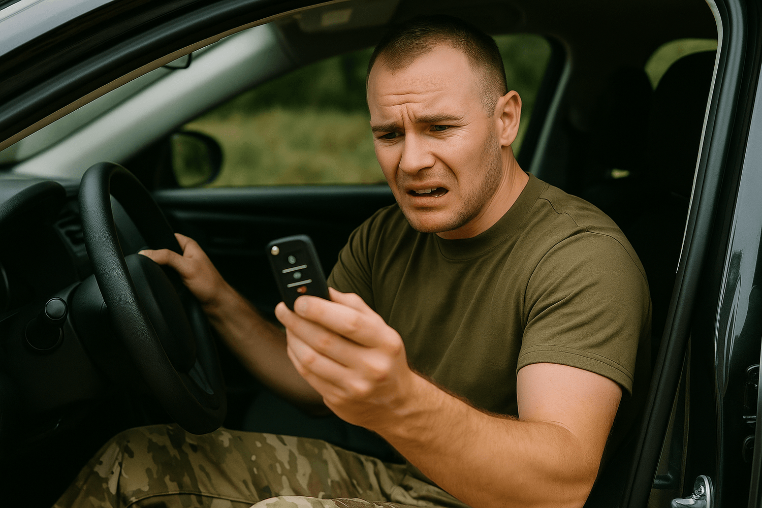 A man in an olive-green shirt and camouflage pants sits in his car looking frustrated while holding his car keys. The image represents vehicle troubles, unexpected car expenses, or repair frustration.