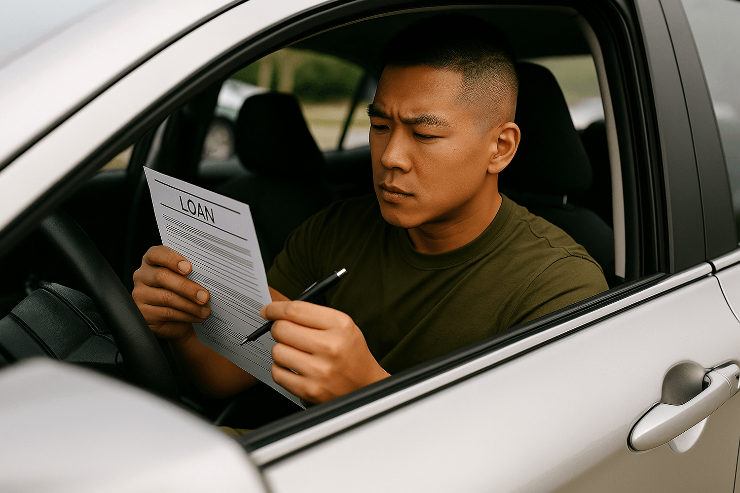 A man in an olive-green shirt sits in his car carefully reading a loan document with a pen in hand. The image represents reviewing car financing, loan terms, or making careful financial decisions.