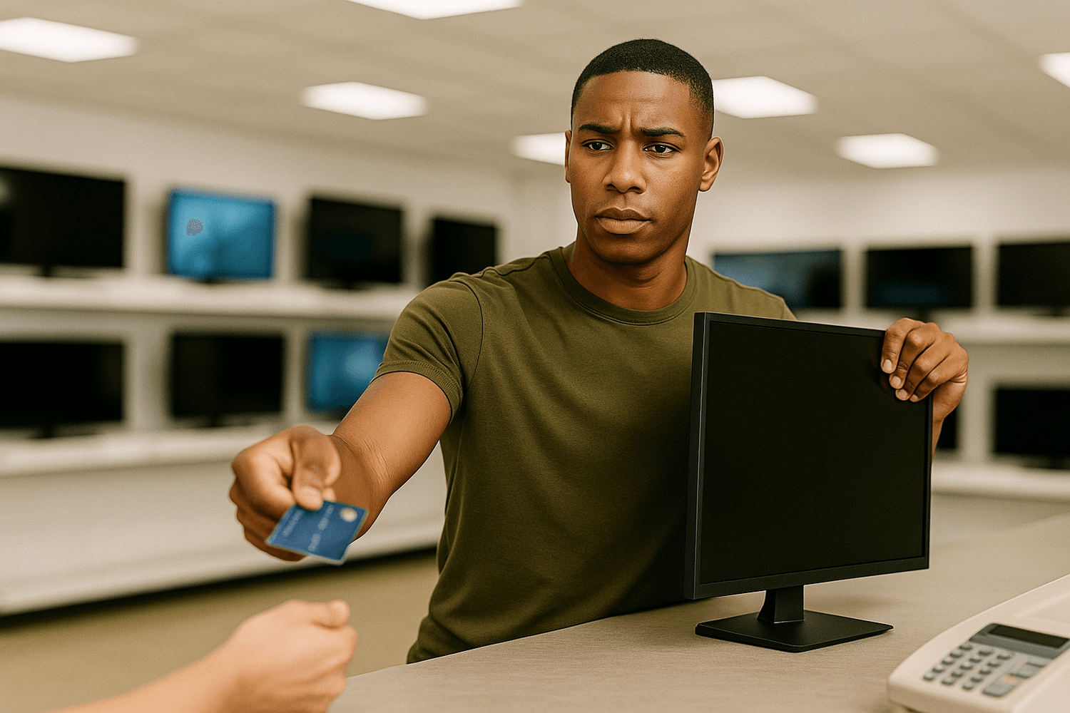 A man in an olive-green shirt holds a computer monitor while handing over a credit card at an electronics store counter. The image represents making a purchase decision, credit card spending, or budgeting for big purchases.
