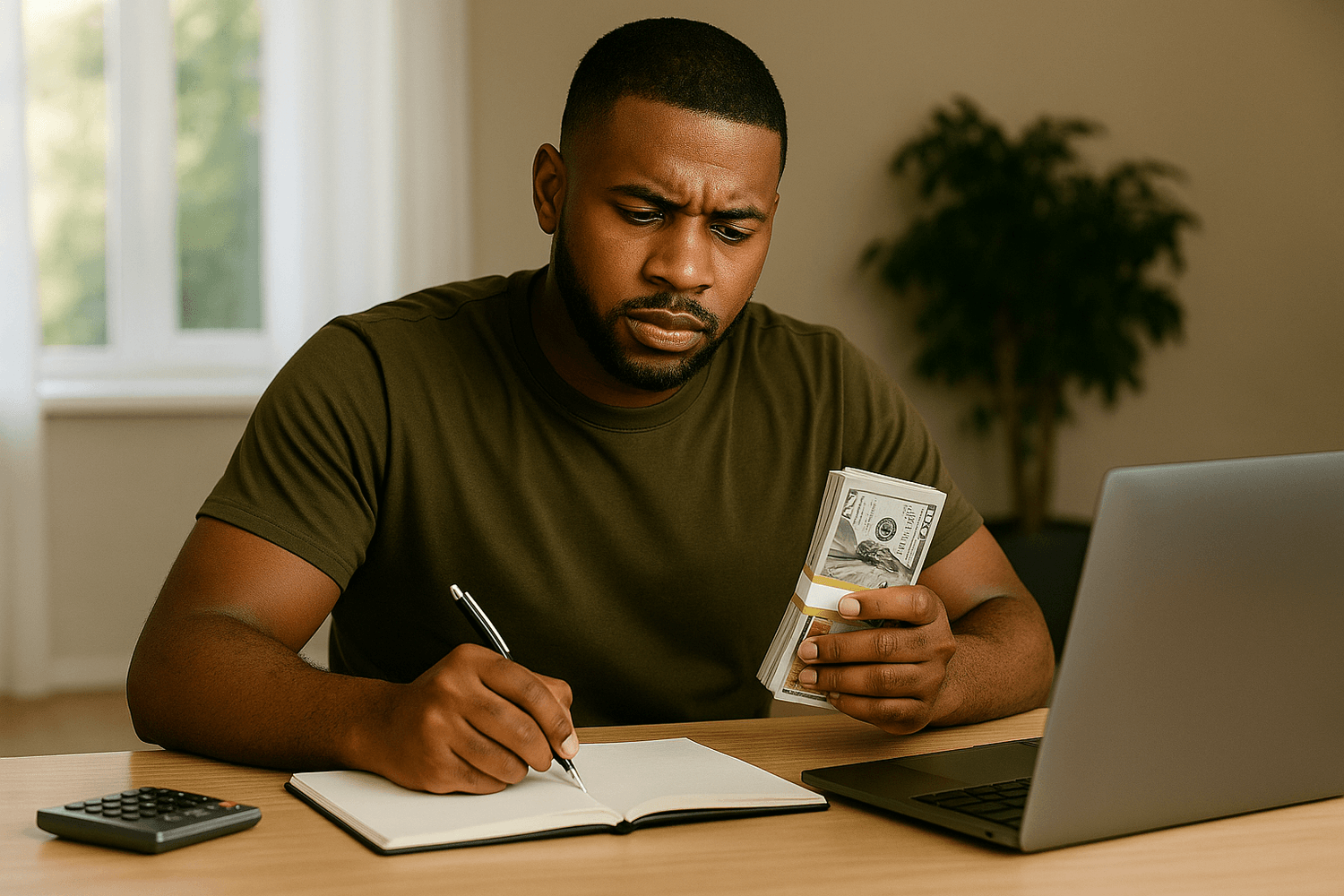 A man in an olive-green shirt sits at a desk holding a stack of cash while writing in a notebook beside a laptop. The image represents budgeting, financial planning, or managing personal savings.