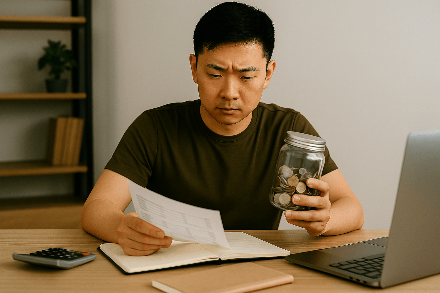 A man in an olive-green shirt sits at a desk holding a jar of coins while reviewing financial documents next to a laptop, representing budgeting, tracking savings, or managing personal finances.