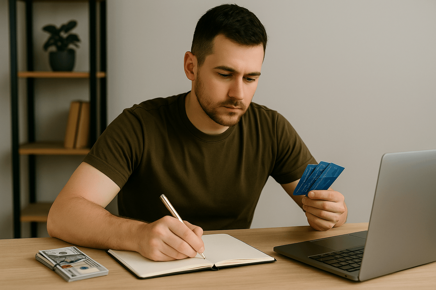 A man in an olive-green shirt sits at a desk holding multiple credit cards while writing in a notebook next to a laptop and stack of cash, representing credit management or financial planning.
