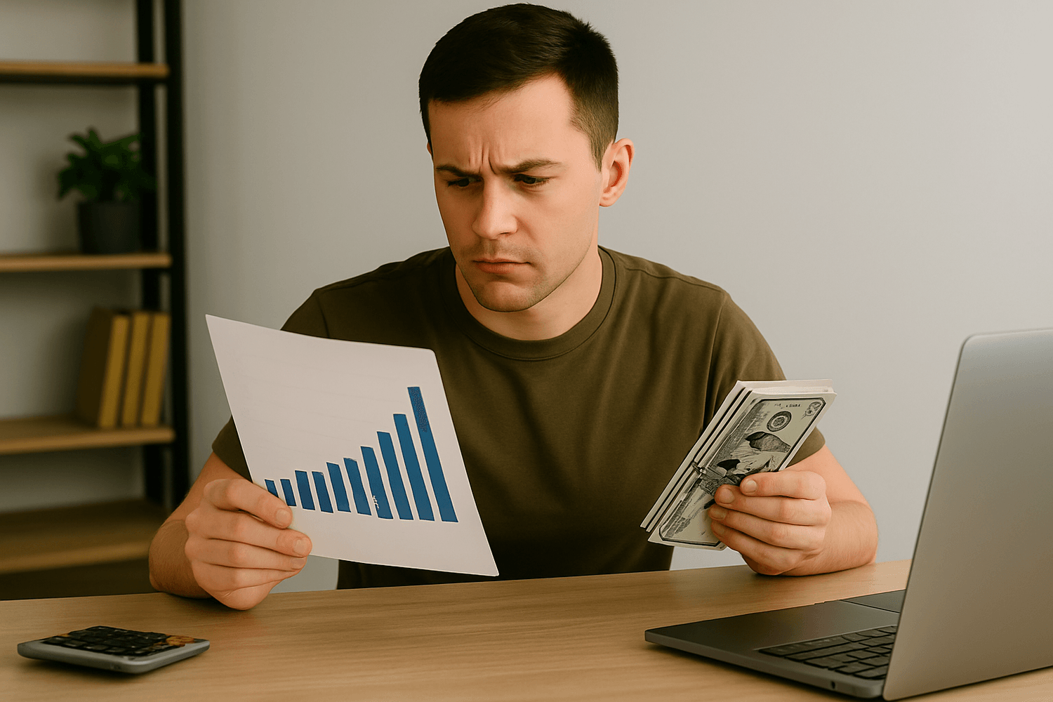 A man in an olive-green shirt sits at a desk holding a stack of cash while examining a financial growth chart next to a laptop, representing wealth building, investment progress, or financial analysis.