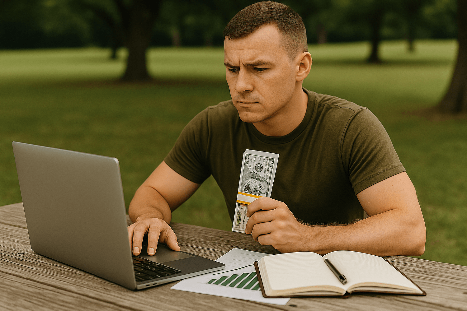 A man in an olive-green shirt sits outdoors at a wooden table holding a stack of cash while working on a laptop with charts and a notebook nearby, representing online investing or financial planning.