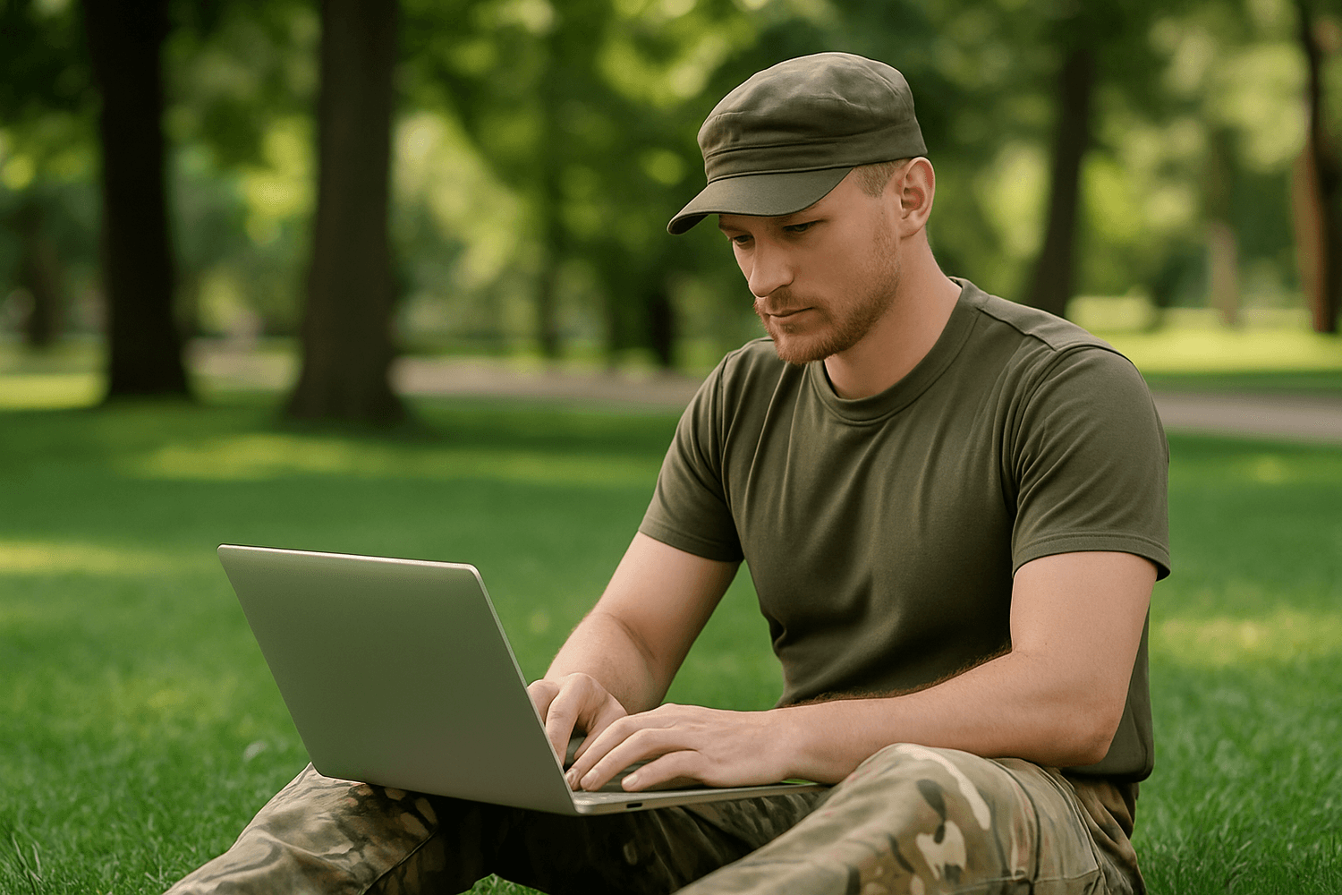 A man in an olive-green military-style shirt and camouflage pants sits on the grass using a laptop, representing remote work, online learning, or digital productivity outdoors.