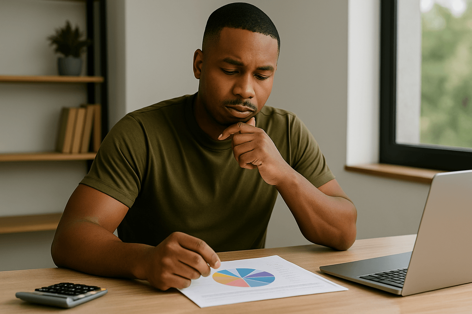 A man in an olive-green shirt sits at a desk analyzing a colorful pie chart beside his laptop, representing budgeting, financial planning, or data analysis.