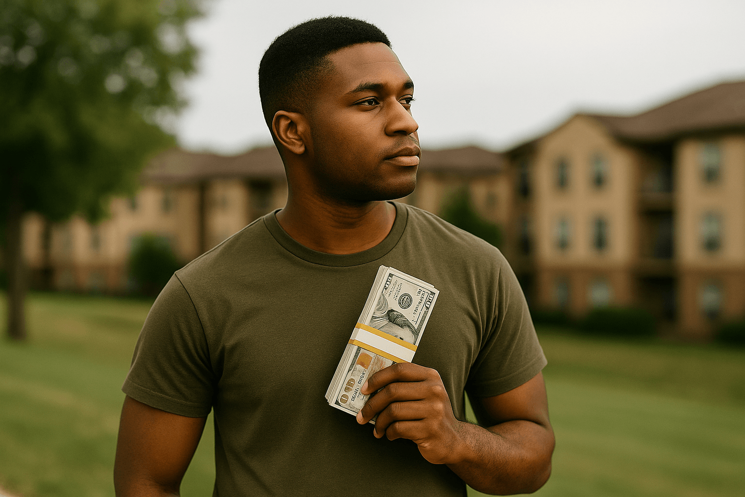 A man in an olive-green shirt stands outdoors holding a stack of hundred-dollar bills, symbolizing financial confidence, savings, or wealth building.