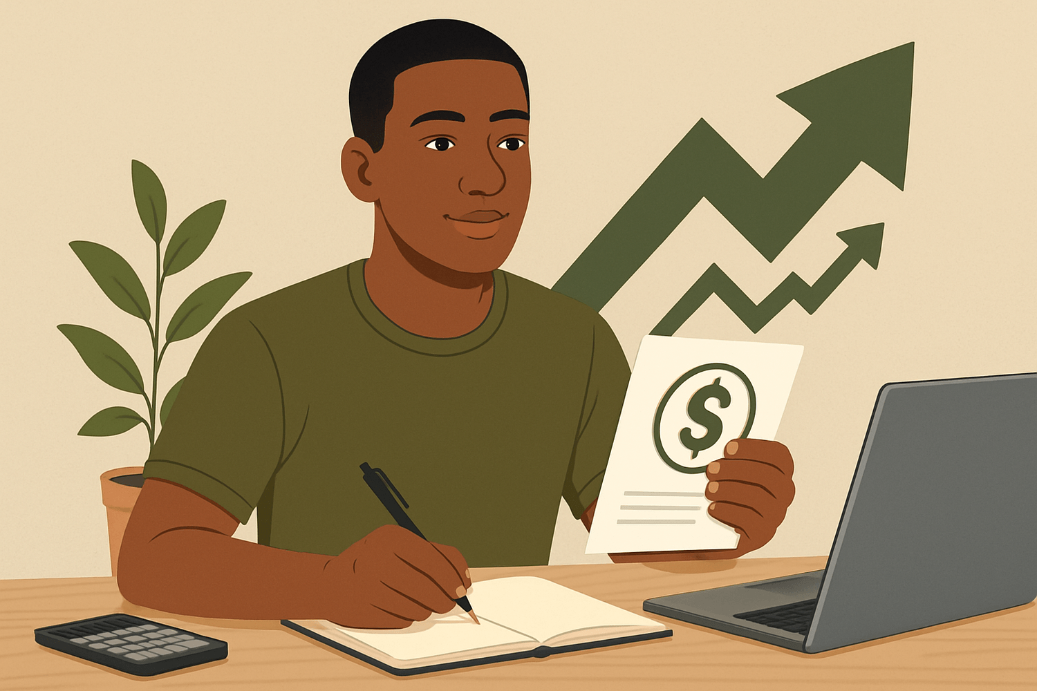Illustration of a man in an olive-green shirt budgeting at a desk with a laptop, notebook, and calculator, symbolizing financial planning and wealth growth.