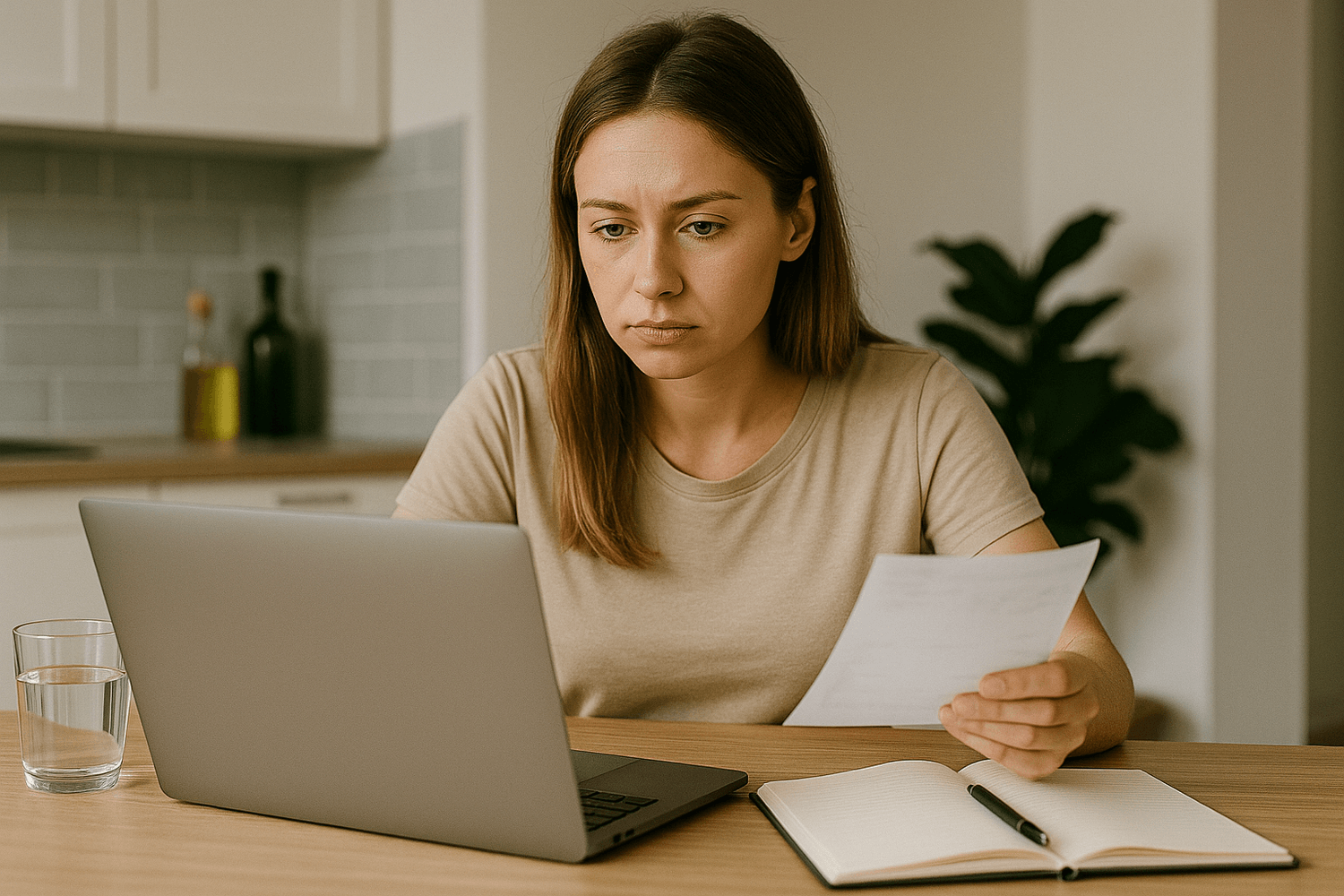 A woman in a tan shirt sits at a table using a laptop while reviewing a document, representing budgeting, bill payments, or financial planning at home.