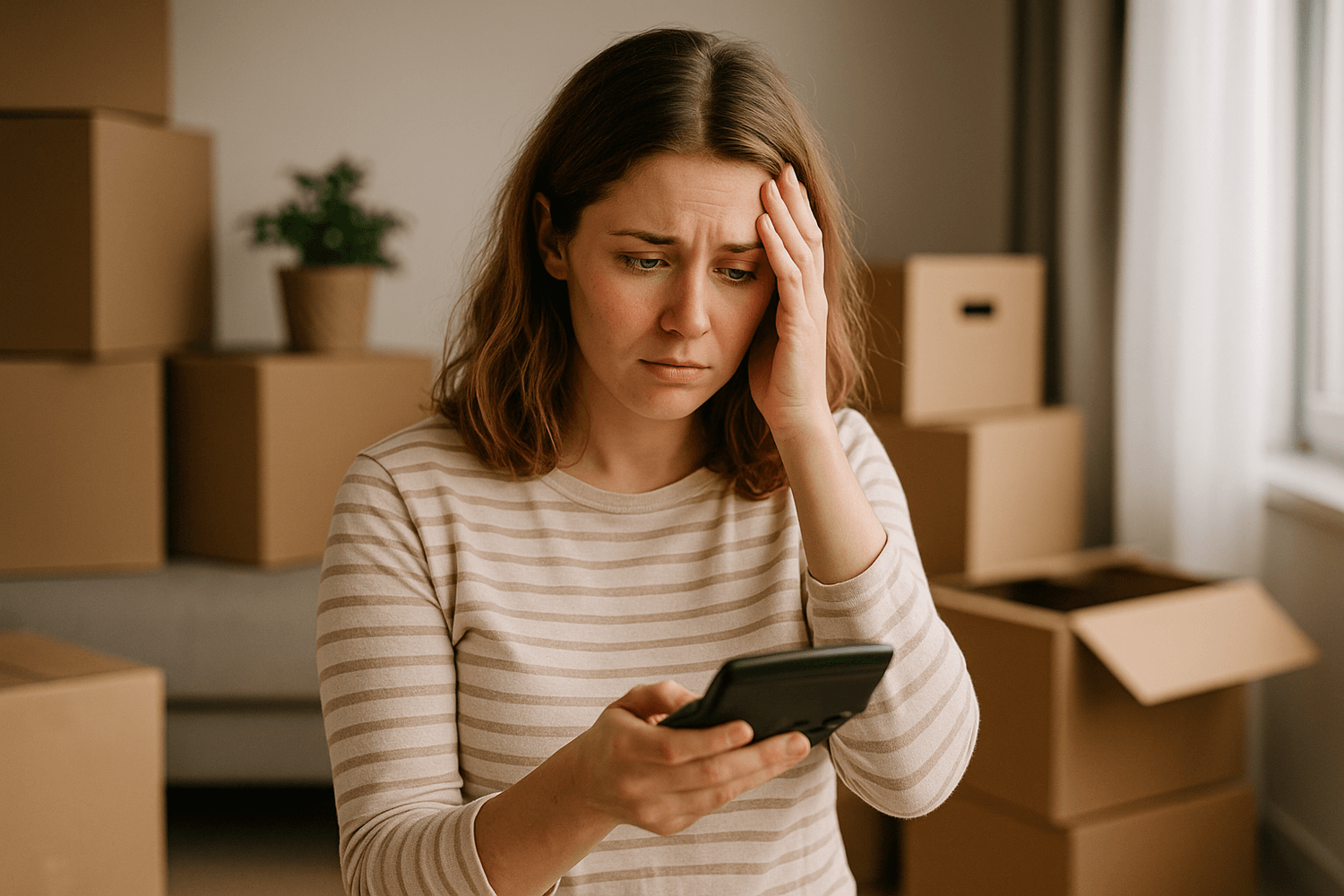 A worried woman in a striped shirt looks at her phone while sitting among moving boxes, representing financial stress, moving expenses, or unexpected housing costs.