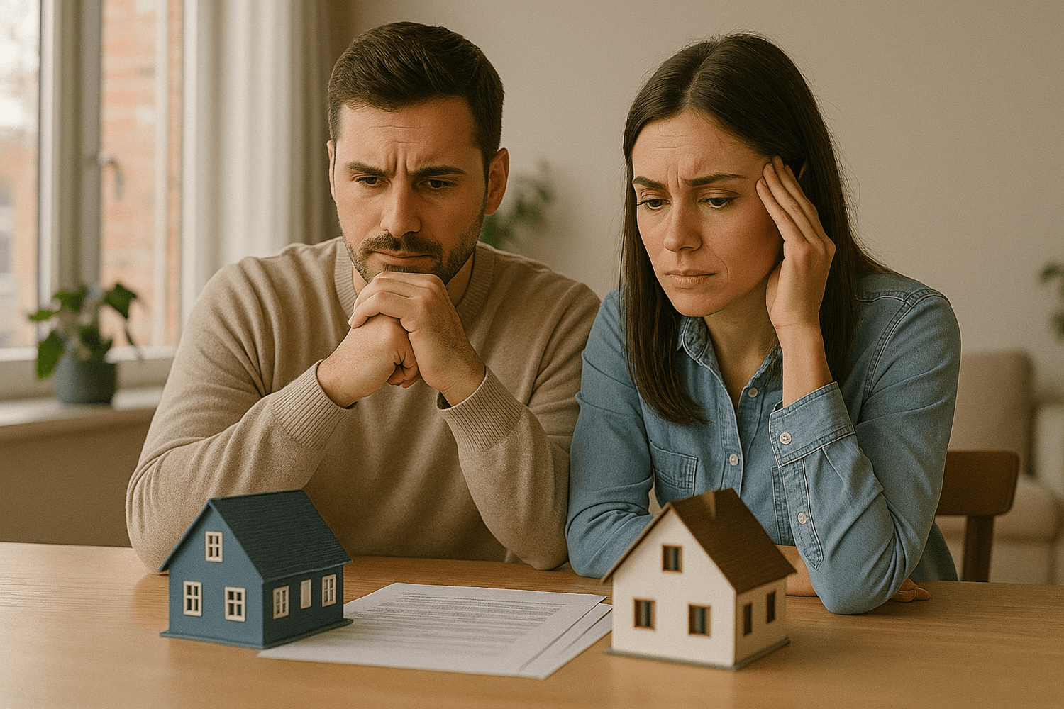 A worried couple sits at a table comparing two miniature house models with paperwork, representing decisions about home buying, mortgages, or real estate investment.