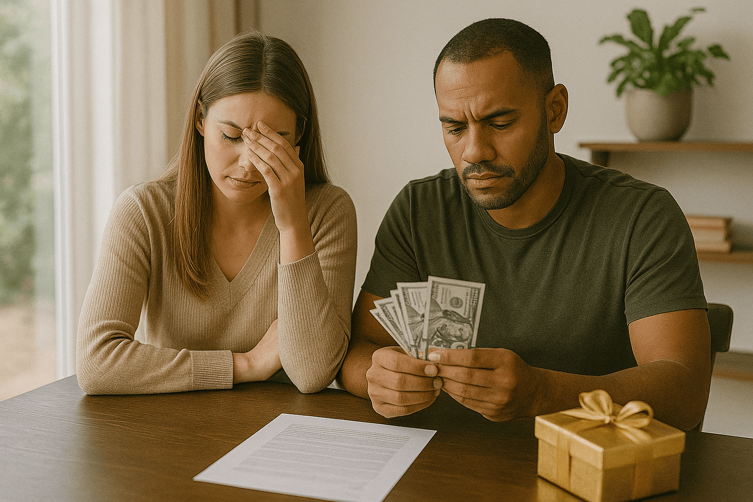 A couple sits at a table looking stressed while counting money beside a document and a small gift box, symbolizing financial strain, budgeting worries, or managing expenses.