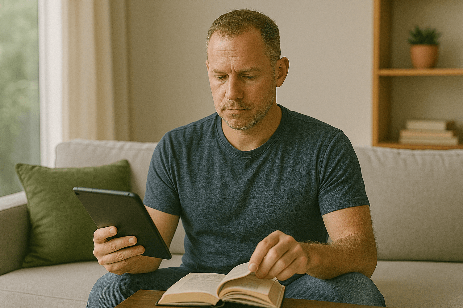 A man sits on a couch reading a book while holding a tablet, appearing focused and thoughtful, representing learning, personal growth, or financial education.