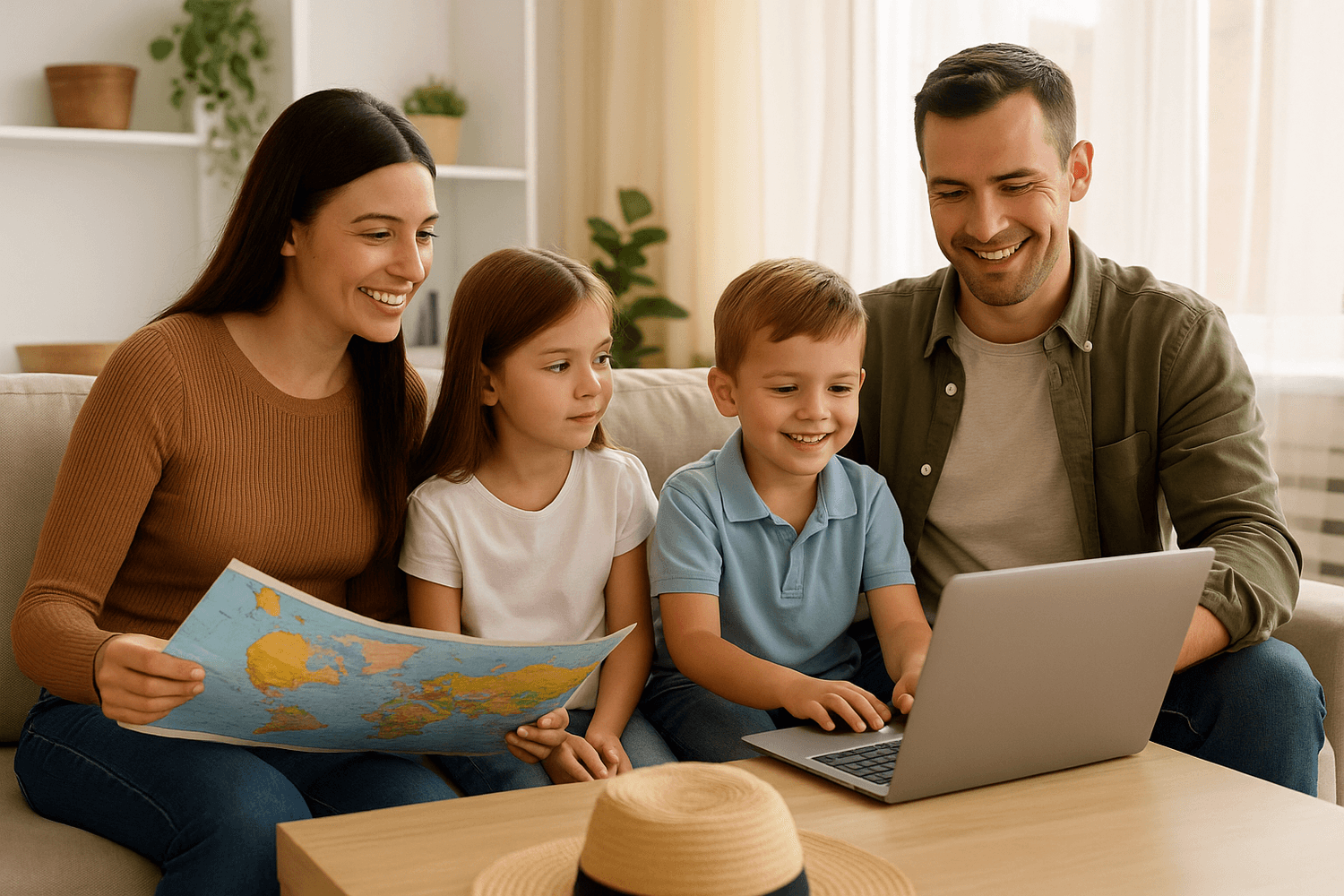 A smiling family sits together on a couch, using a laptop and a world map to plan a trip, symbolizing family travel, vacation budgeting, or planning experiences together.