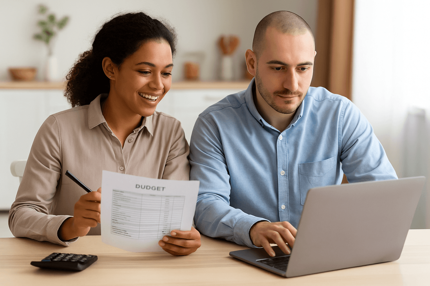 A smiling couple sits at a table working on their budget together, using a laptop, calculator, and printed budget sheet to plan finances.