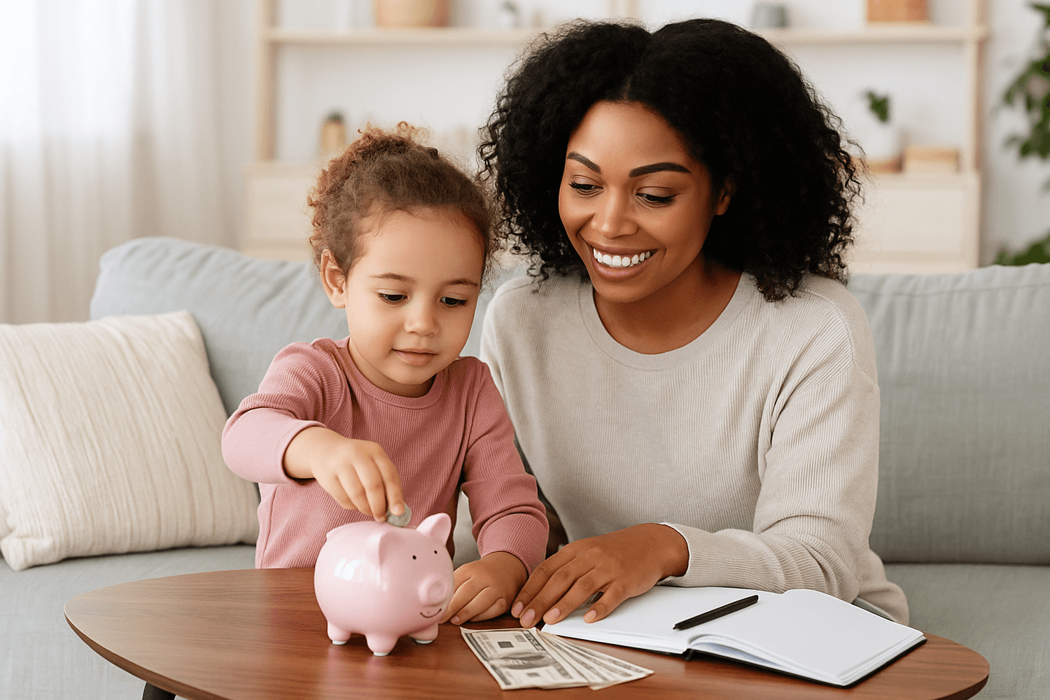 A smiling mother watches her young daughter put coins into a pink piggy bank, teaching her about saving money at home with cash and a notebook on the table.