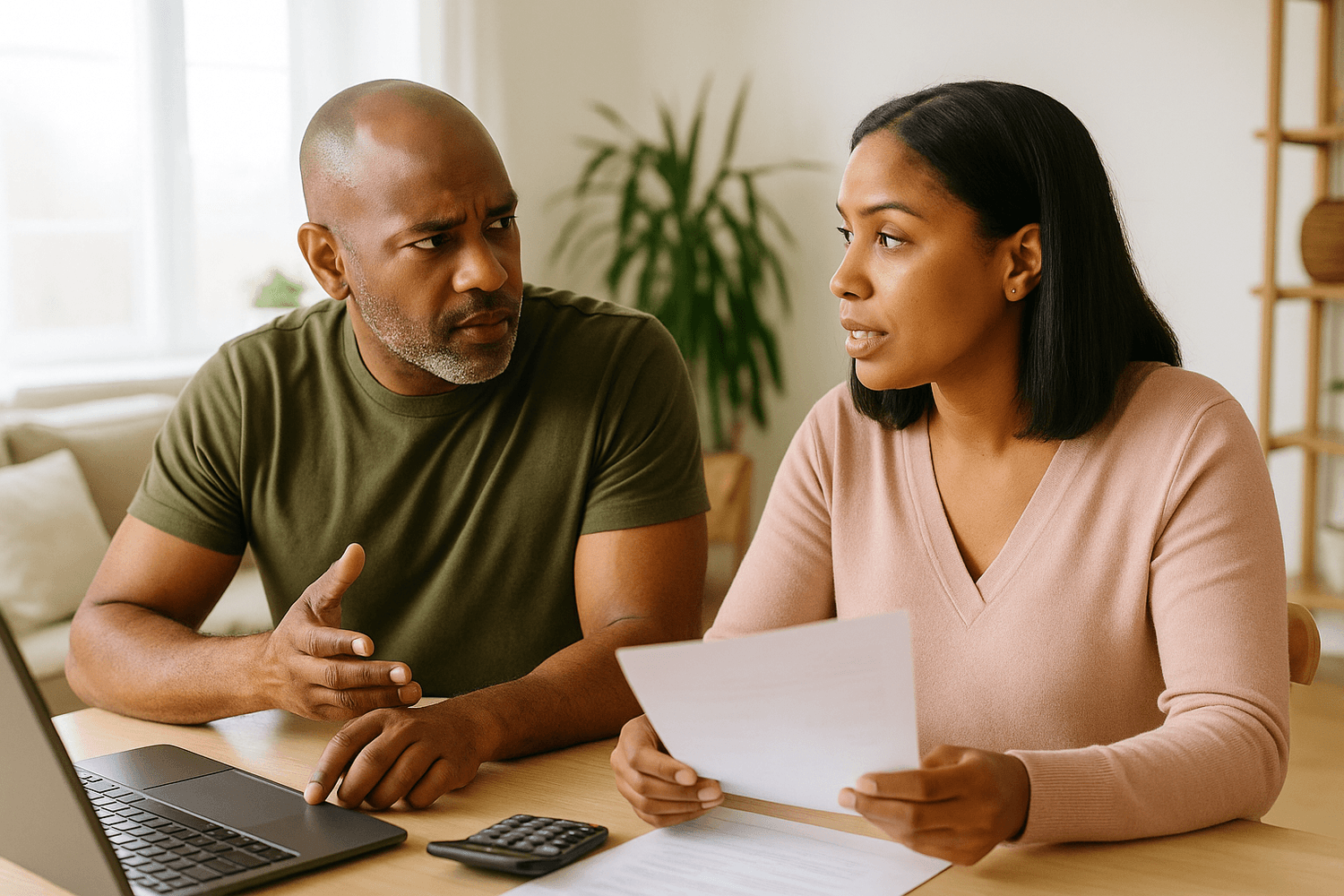 A couple sits at a table discussing financial documents with a laptop and calculator nearby, showing a serious conversation about budgeting or household expenses.