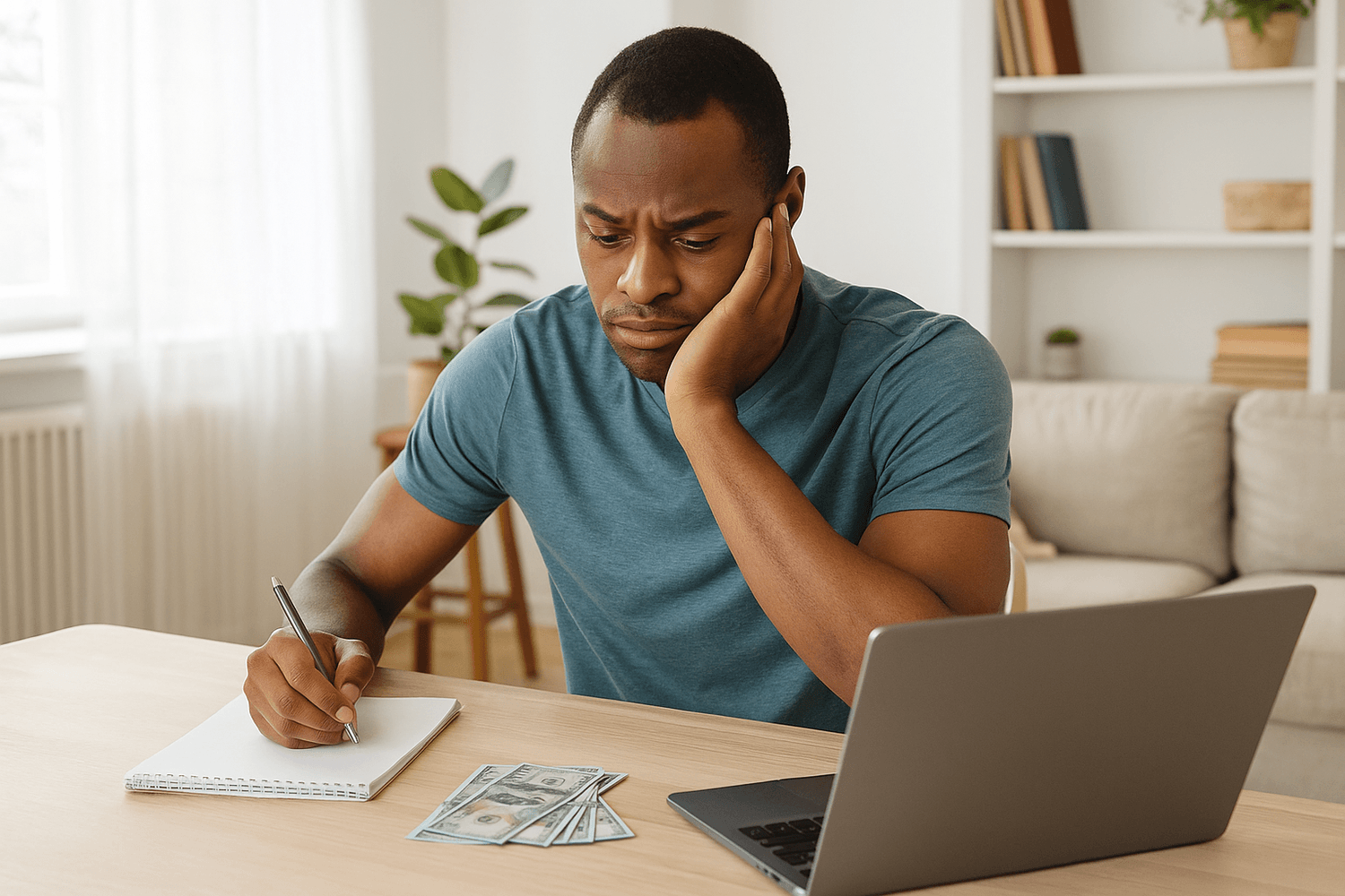 A man sits at a table looking concerned while writing in a notebook beside cash and a laptop, reviewing personal finances or budgeting at home.