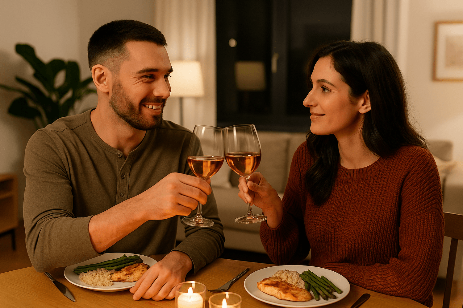 A couple enjoys a romantic candlelit dinner at home, smiling and toasting with glasses of wine while sharing a cozy evening meal together.