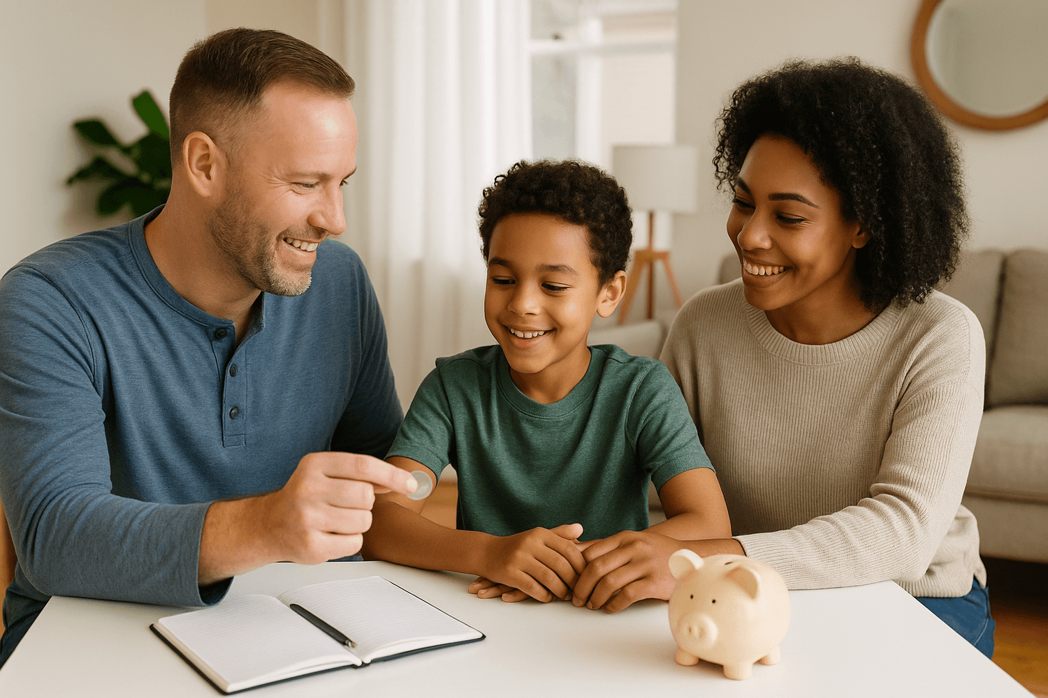 A smiling family teaches their child about saving money at home, showing a coin and a piggy bank while sitting together at a table.