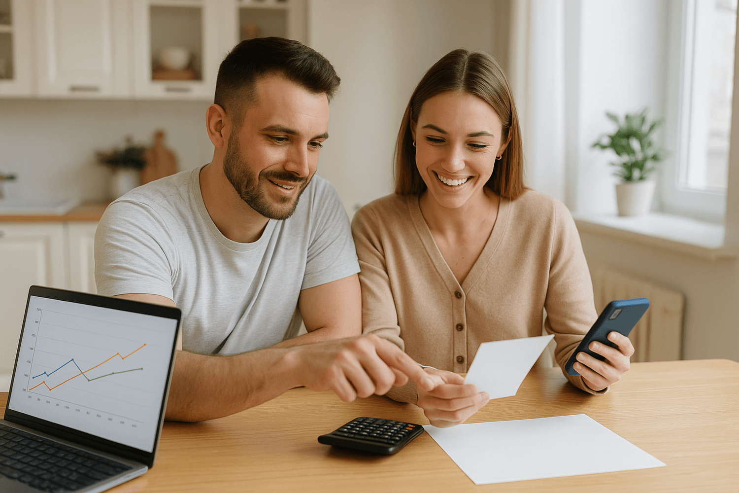 A smiling couple reviews their finances together at home, looking at a paper and laptop showing a rising graph while using a calculator and smartphone.