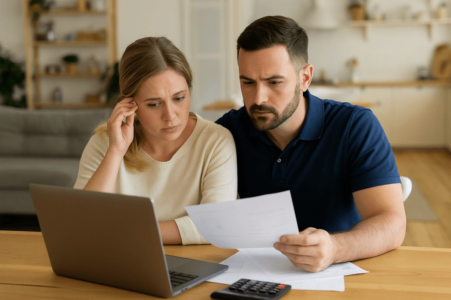 A worried couple reviews bills and financial documents at home, looking concerned while sitting at a table with a laptop and calculator.