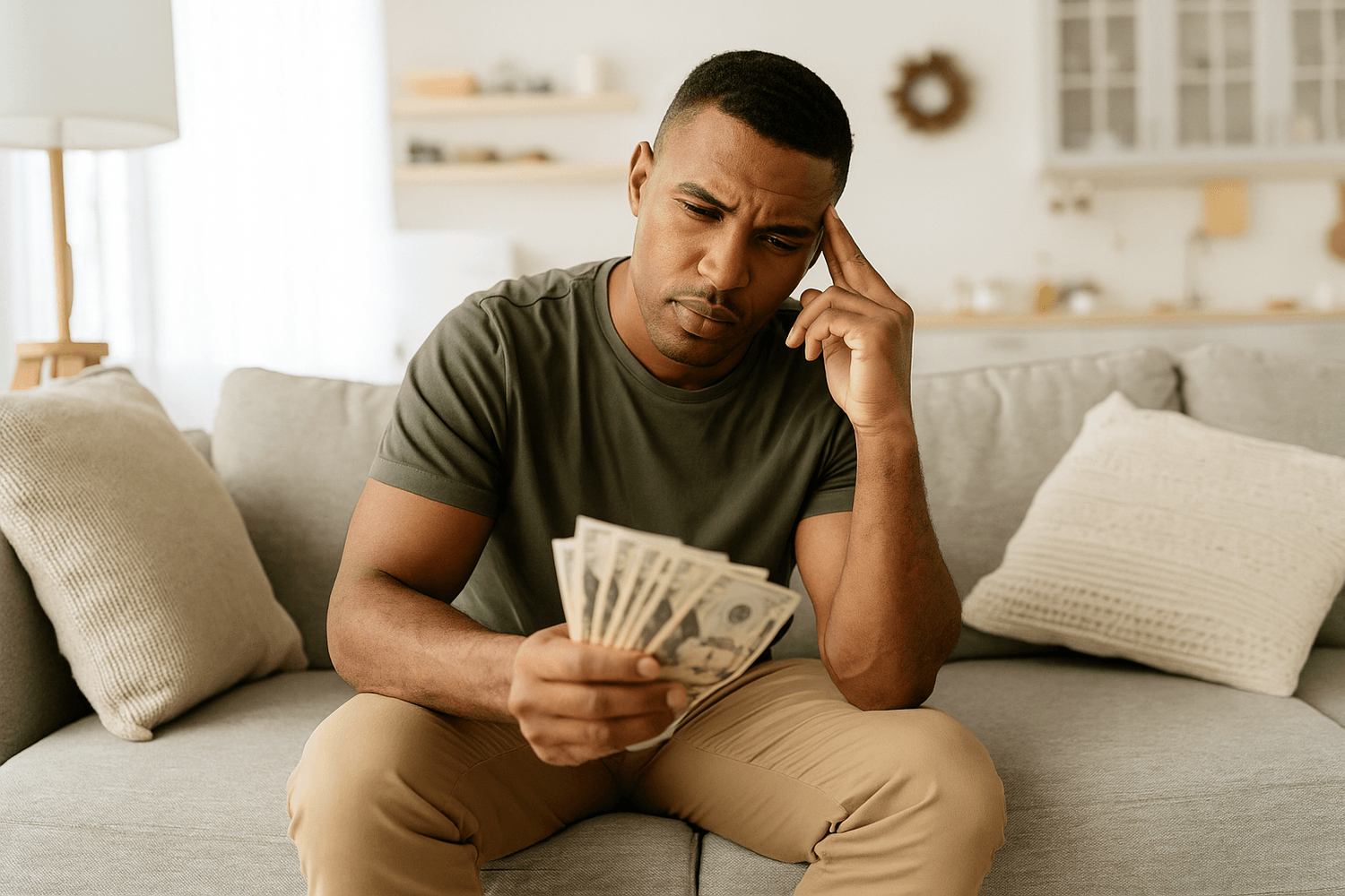 A man sits on a couch at home looking thoughtful while counting cash, appearing concerned about budgeting or financial planning.