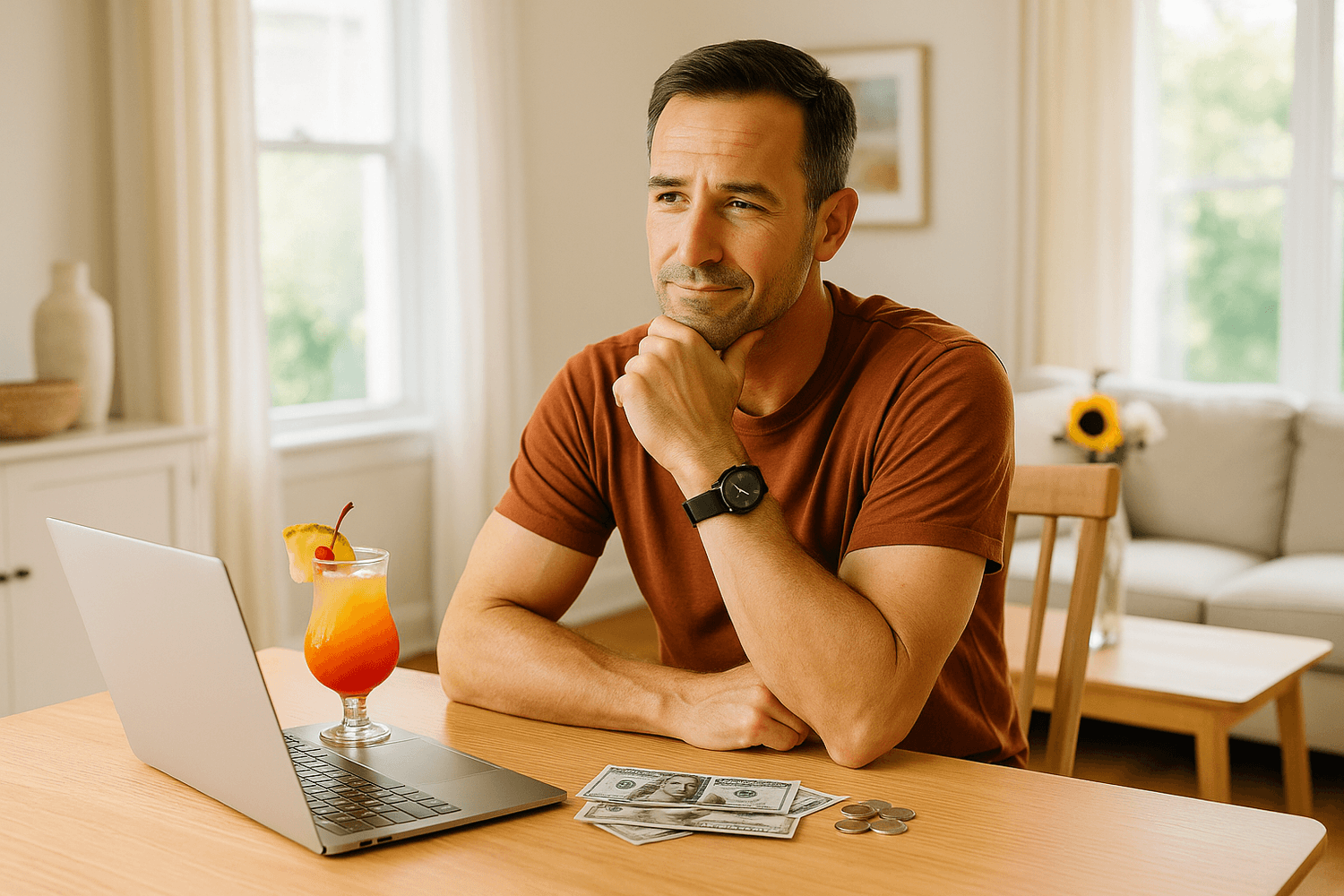 A man sits at a table with a laptop, money, and a tropical drink, smiling thoughtfully as he plans his finances or future goals.
