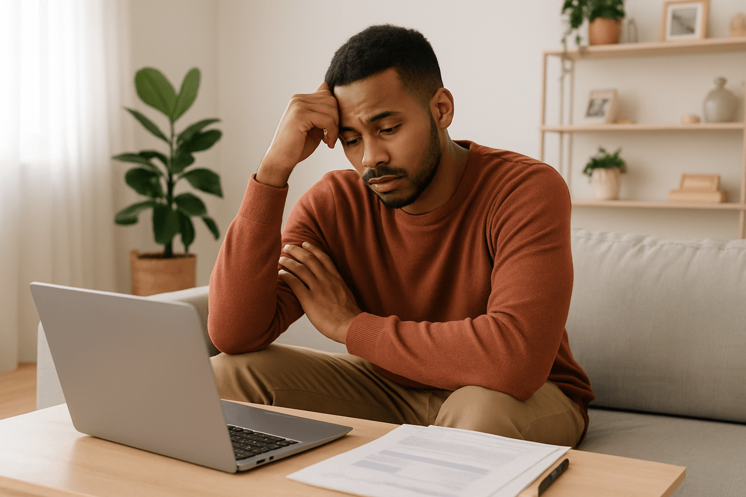 A man sits on a couch looking worried while reviewing financial documents on his laptop, showing stress about money or budgeting.