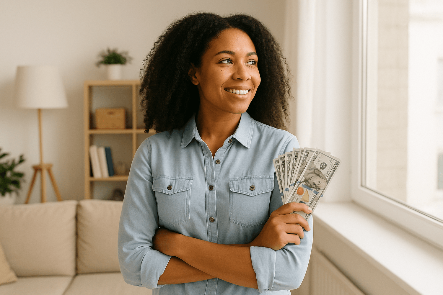 A smiling woman in a denim shirt stands by a window holding several hundred-dollar bills, symbolizing financial success and confidence.