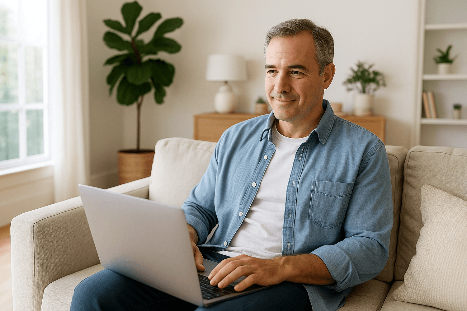 A smiling man sits on a sofa using a laptop in a bright living room, appearing content and focused while managing finances or working from home.