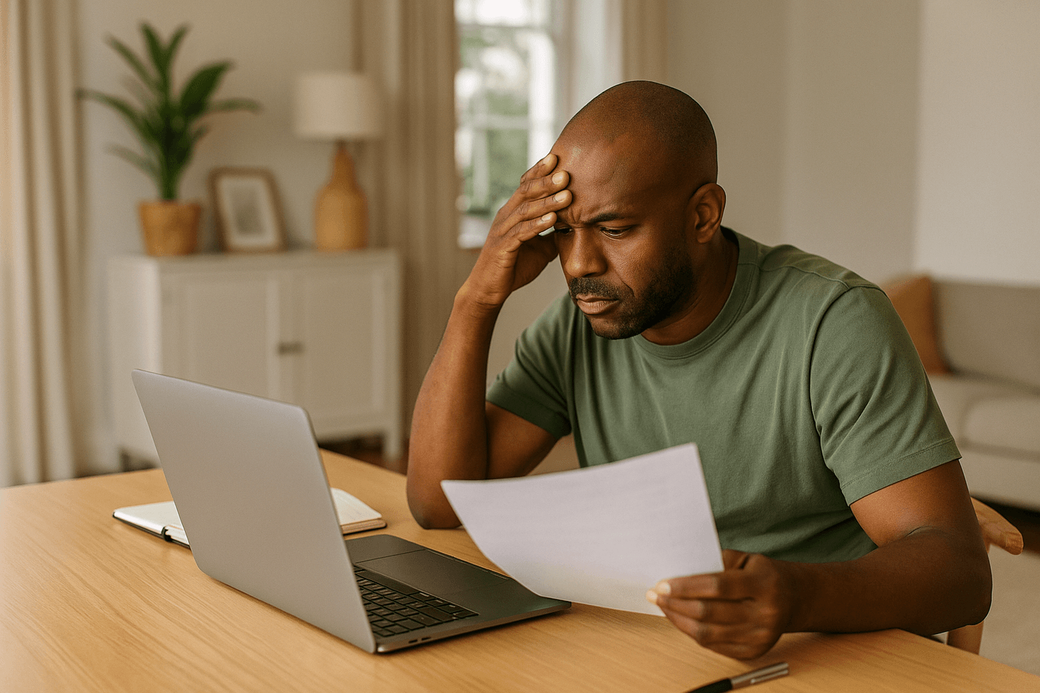 A man in an olive-green shirt sits at a desk counting cash beside a laptop and notebook, symbolizing budgeting and tracking personal finances.