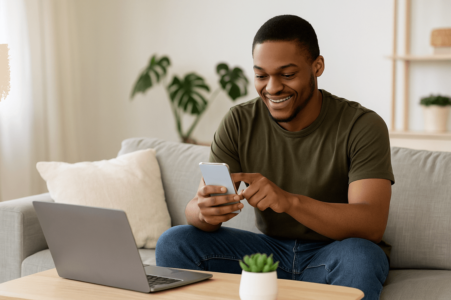A smiling man in an olive-green shirt sits on a couch using his smartphone while a laptop is open on the table, representing online banking, budgeting, or digital investing.