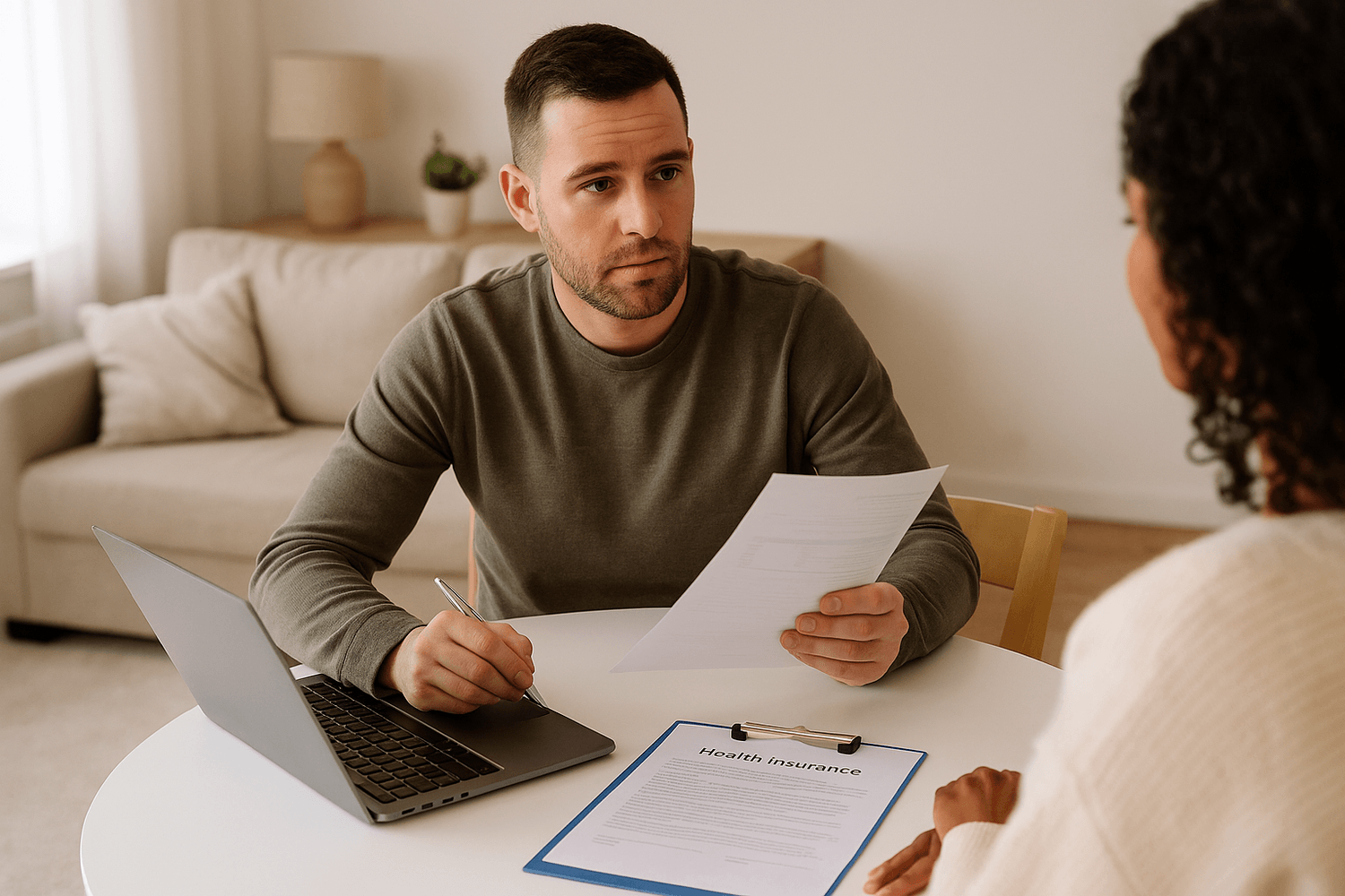 A man holding a document discusses health insurance paperwork with a woman at a table, with a laptop and insurance form visible in a bright home office.