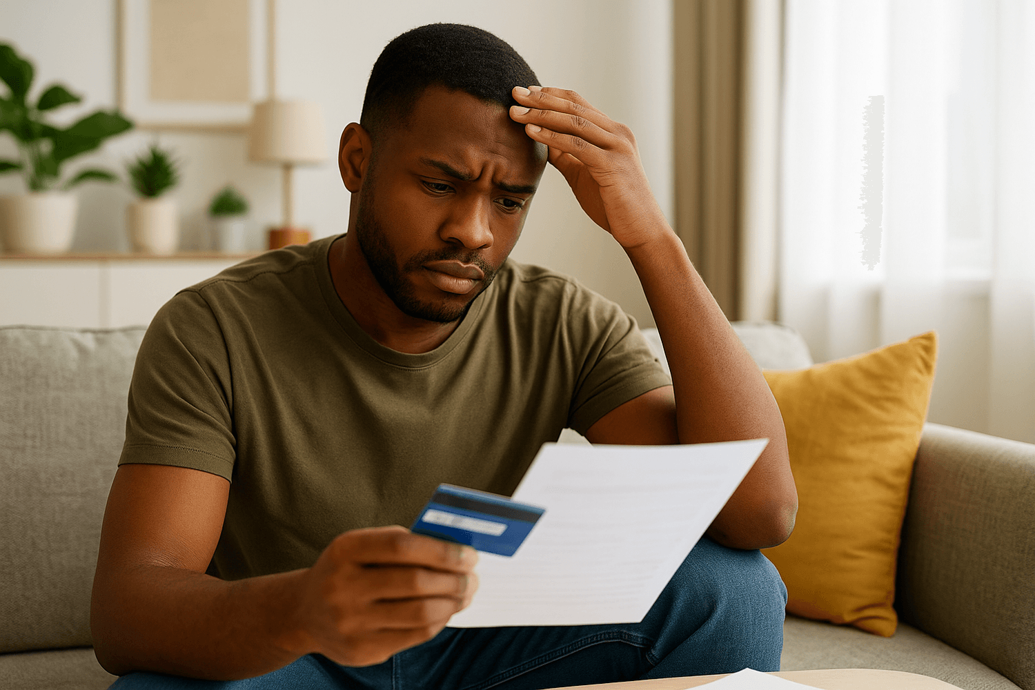 A man in an olive-green shirt looks worried while reviewing a bill and holding a credit card, representing financial stress or managing debt at home.