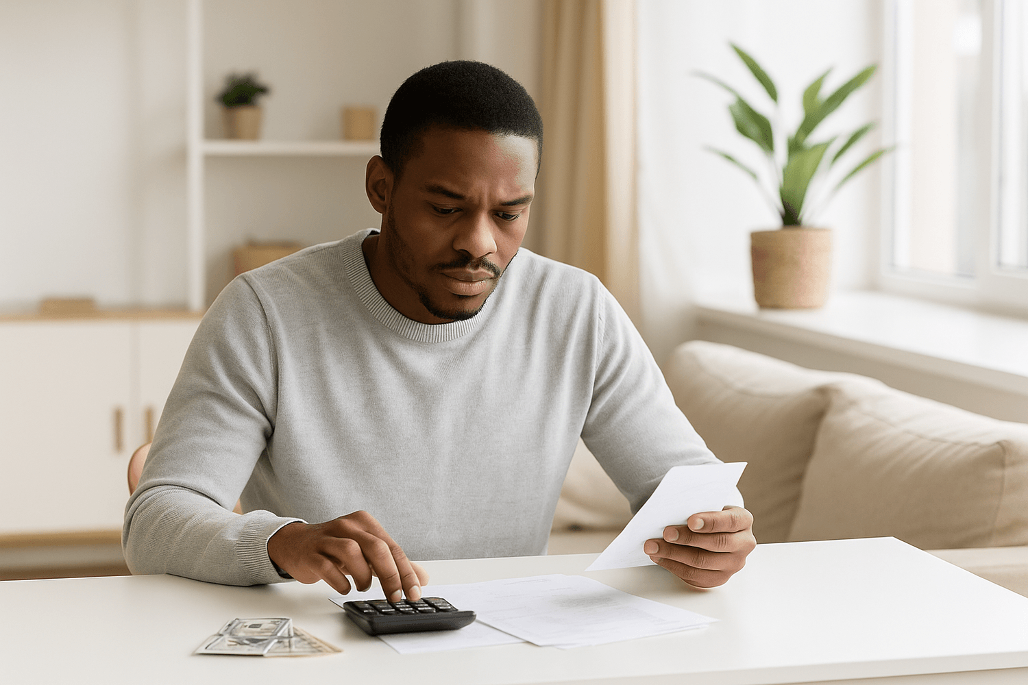 A man in a light gray sweater sits at a desk using a calculator and reviewing bills with cash nearby, representing personal budgeting or financial planning.