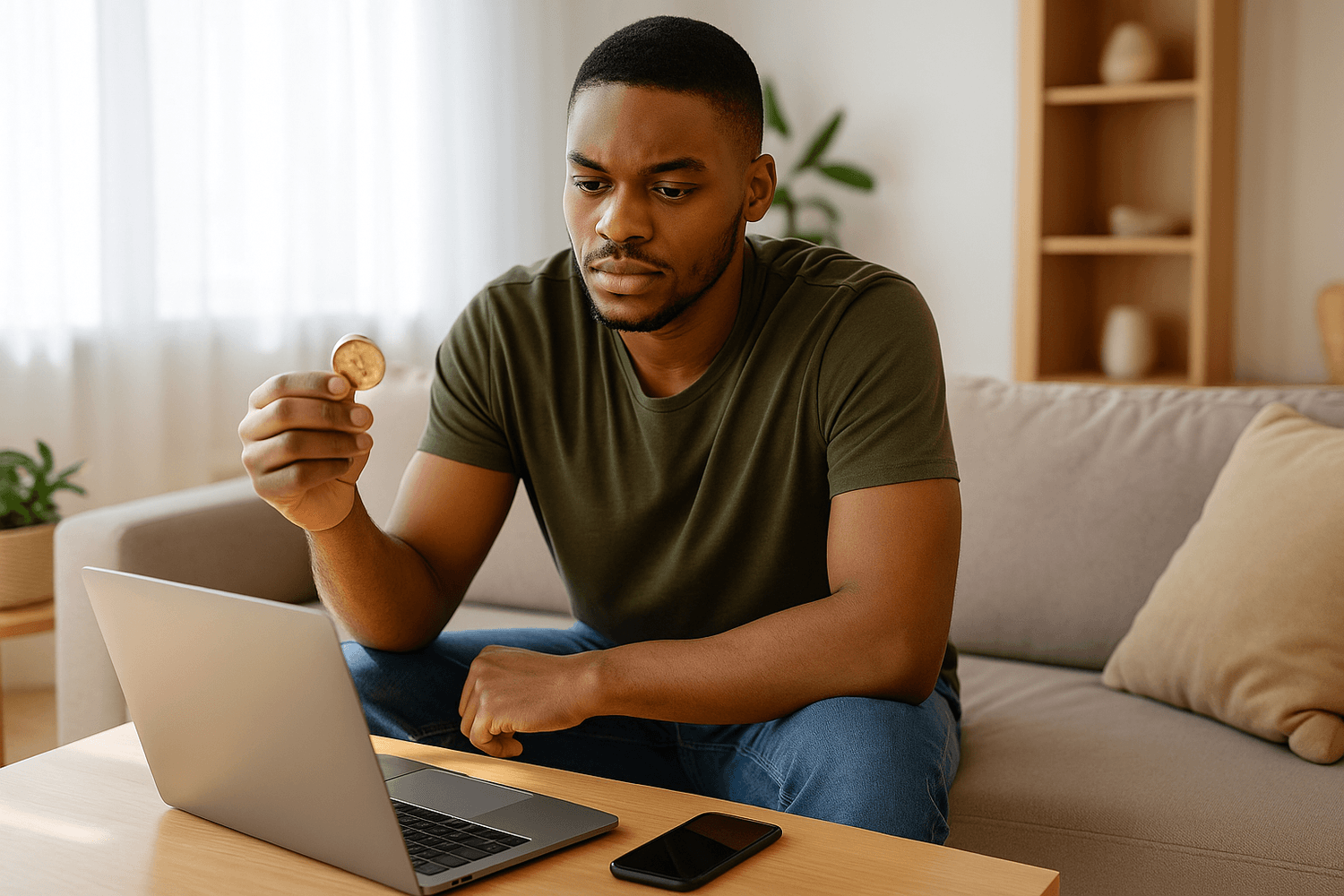A man in an olive-green shirt sits on a couch looking thoughtfully at a Bitcoin coin while using his laptop, symbolizing cryptocurrency investing or digital finance.