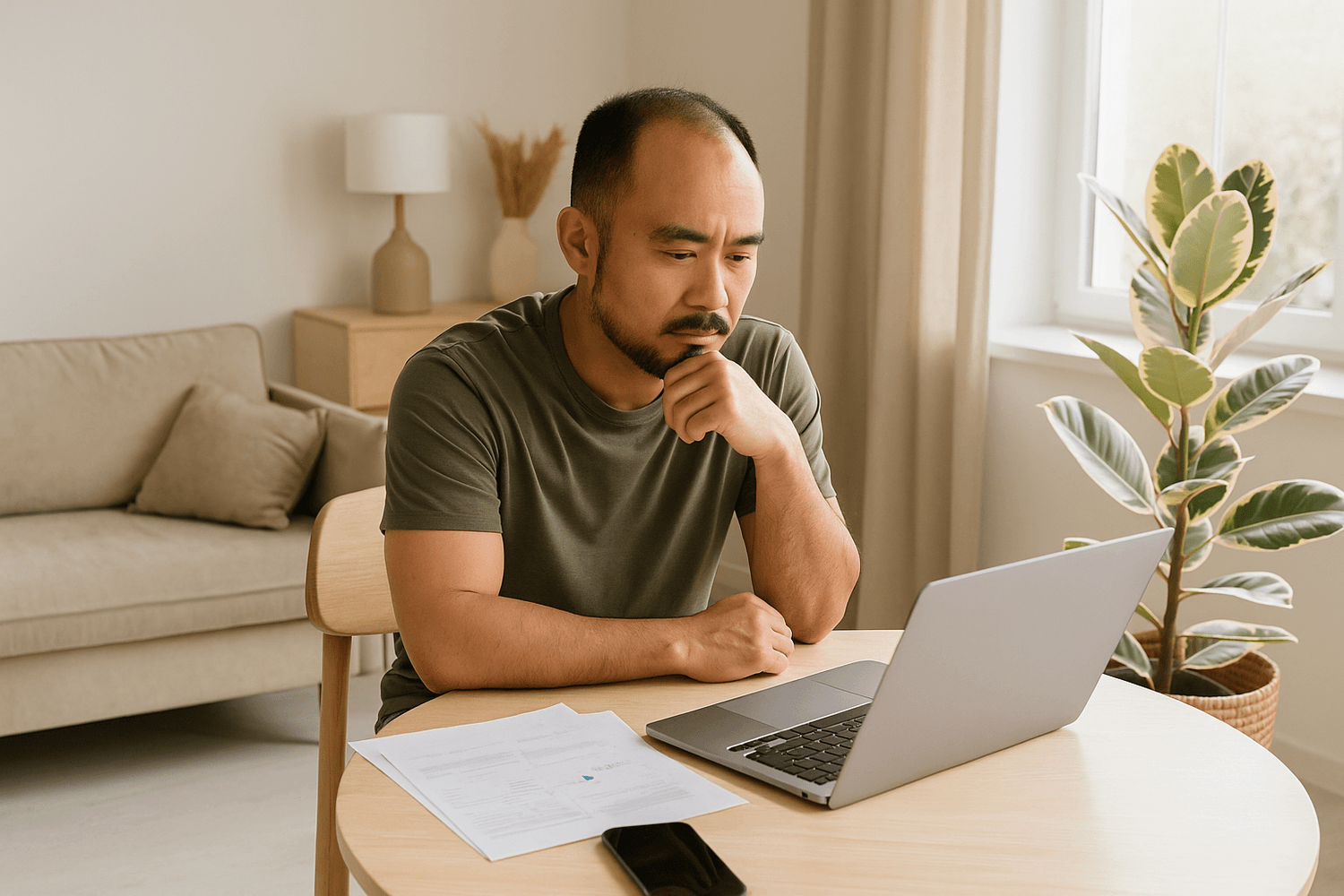 A man in an olive-green shirt sits at a round table reviewing financial papers and looking at his laptop, representing thoughtful financial planning or budgeting.